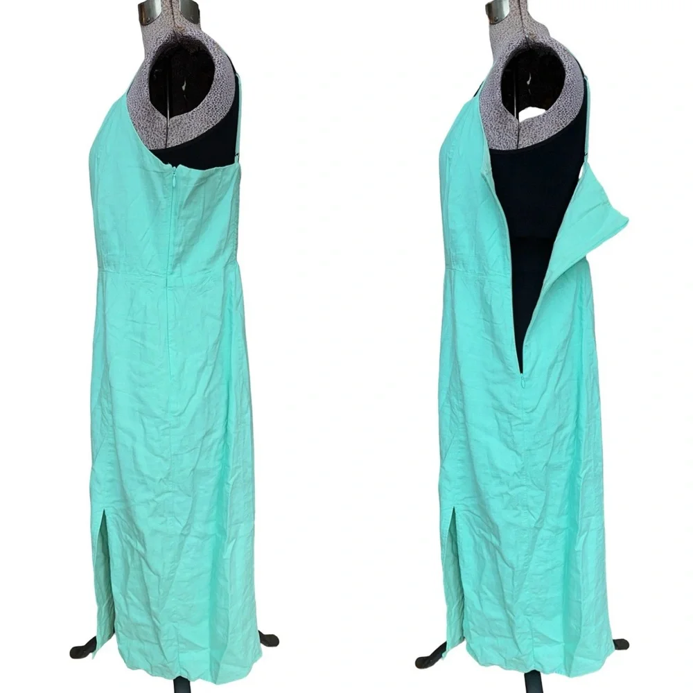 J.Crew Linen Blend Sunwashed Mint Midi Dress Size 14 Smocked Back Side Slit - Picture 4 of 15
